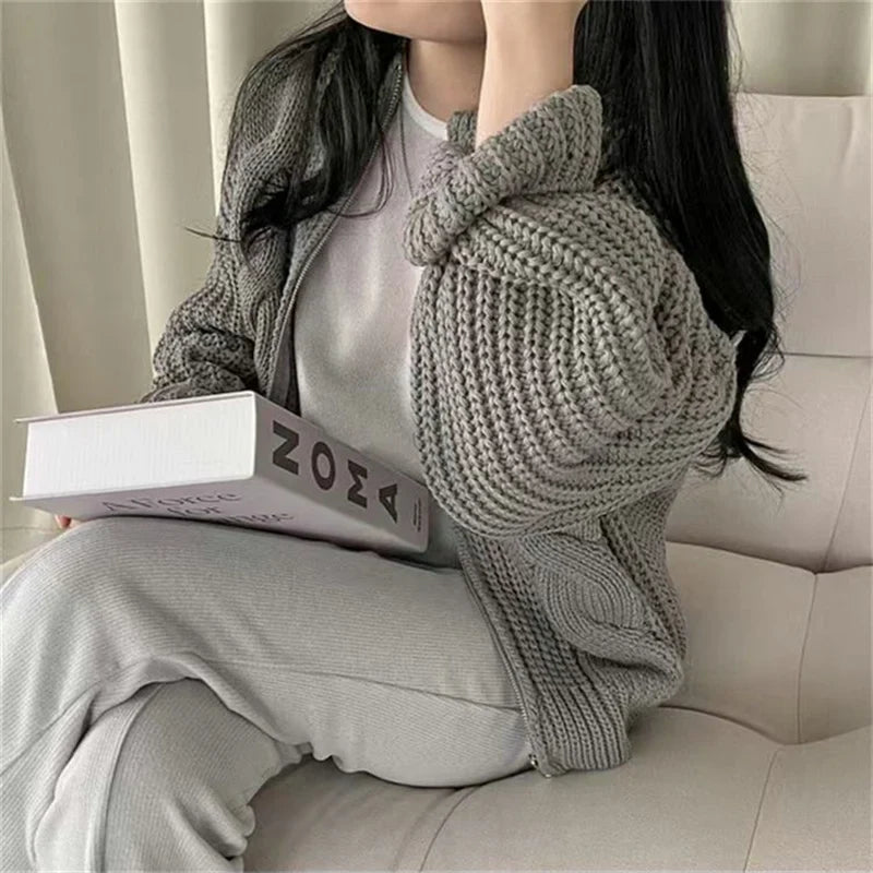 Aiertu FALL OUTFITS Chic Zipper Up Knitted Cardigan Women Autumn Winter Solid Color Twisted Sweater Woman Wild Long Sleeve Jumper Coats Mujer Aiertu