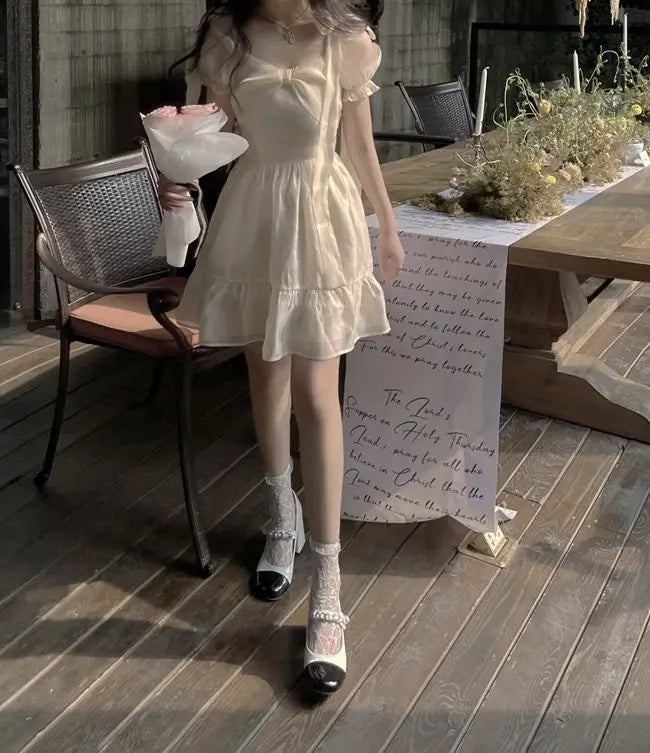 Aiertu Autumn Sweet Puff Sleeve Fairy Dress Women Bow Vintage Casual Princess Mini Dress Female Solid Japanese Kawaii Party Dress Aiertu