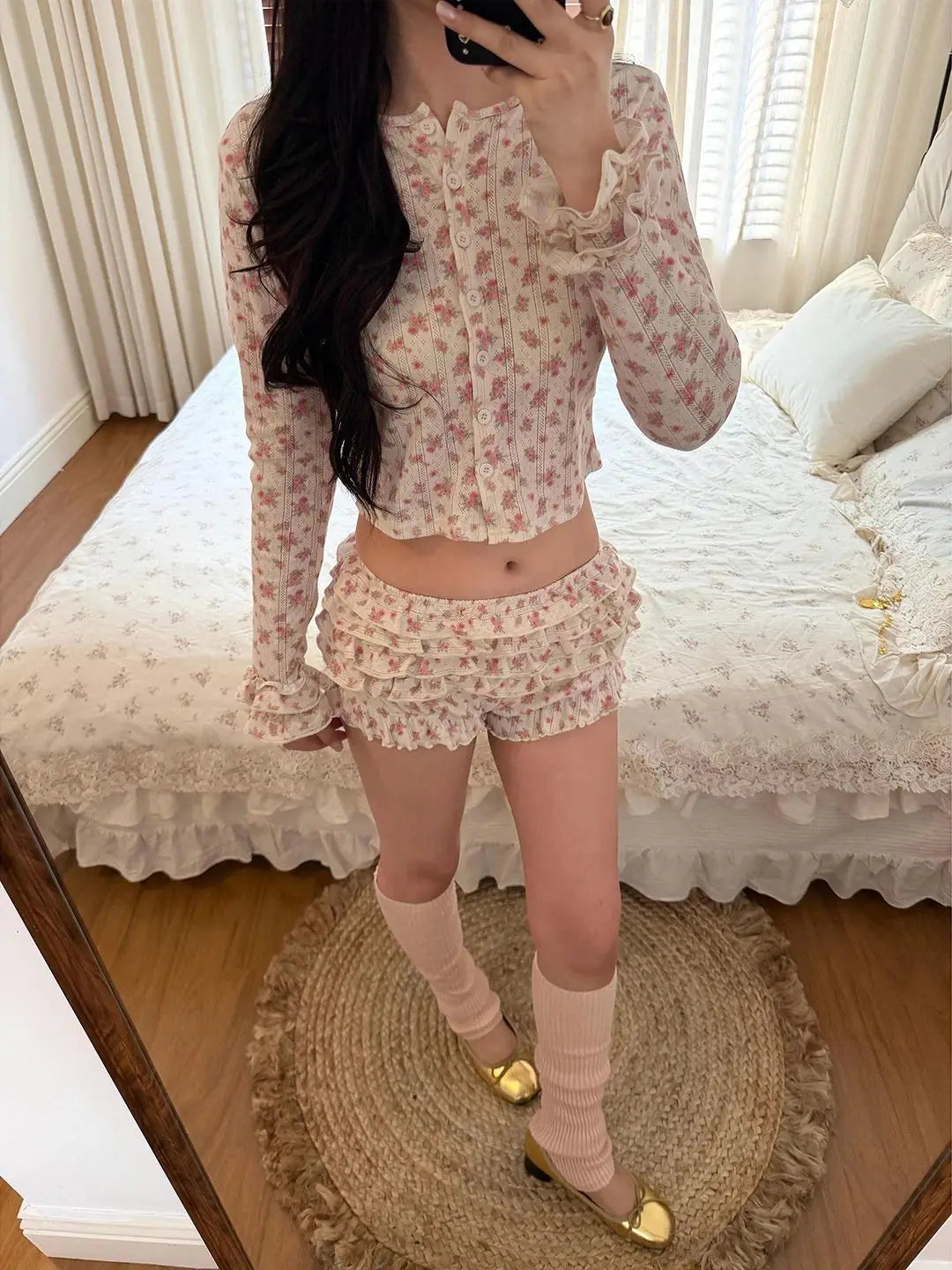 AIERTU  -  Girl Sweet Little Floral Long-sleeved Pajamas Summer New Shorts Outside Loungewear Set Aiertu