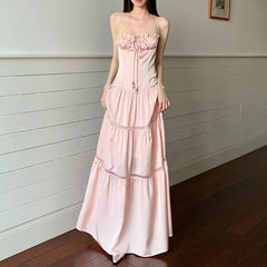 AIERTU  - Lady Dress Satin Pleat Lace Up Design Hollowed Out Splicing A-line Sleeveless High Waist Slim Solid Color Versatile Sling Dress Aiertu