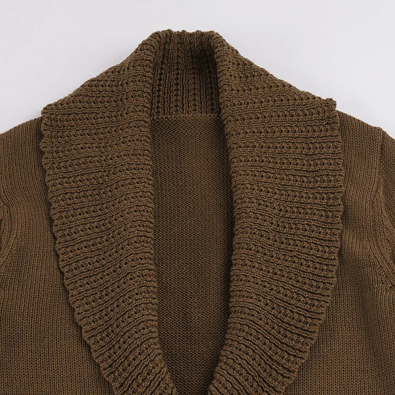 AIERTU  -  Brown Chunky Knit Shawl Collar Cardigan Long Sleeve Cropped Open Front Belted Daily Casual Streetwear Chunky Rib Cardigan Aiertu