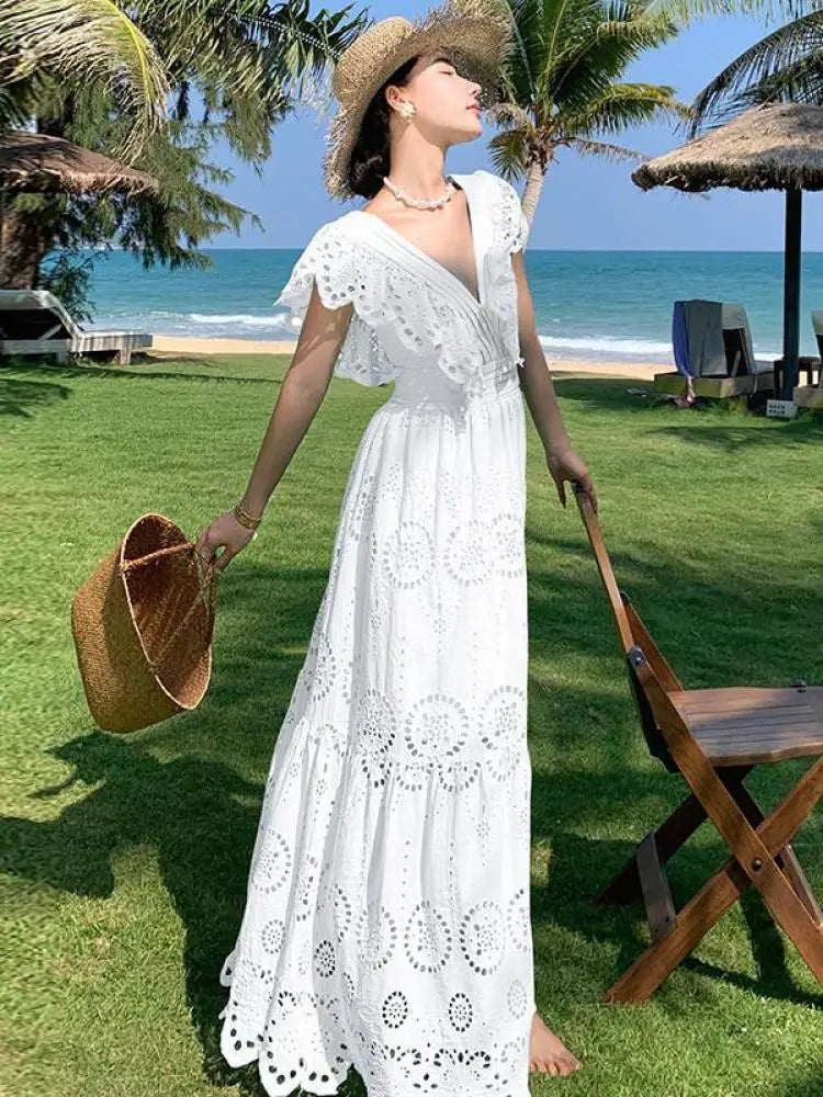 Aiertu White Daisy Flower Embroidery Hollow Out Fly Sleeves Dress Women Summer V Neck Ladies Elegant Fashion Ruffles Fairy Long Dresses Aiertu