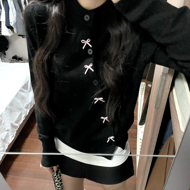Aiertu Korean Style Sweet Bow Knitted Cardigan Women Elegant Black Sweaters Kawaii Irregular Long Sleeve Cardigan Aesthetics Aiertu