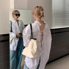 Aiertu Streetwear White Shirts Women Harajuku Oversized Bandage Long Sleeve Blouses Korean Fashion Elegant Casual Chic Tops Spring New Aiertu