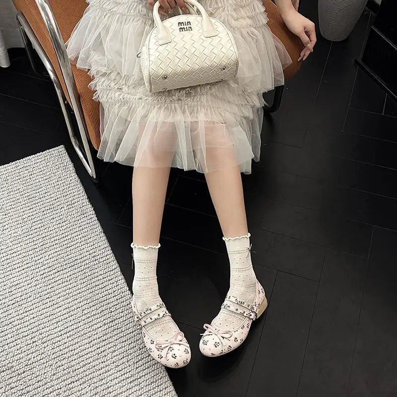 AIERTU  -  Pink Floral Pattern Low Heel Mary Jane Shoes Women Summer Comfort Silver Bowknot Ballet Flats Woman's Lolita Shoes Aiertu