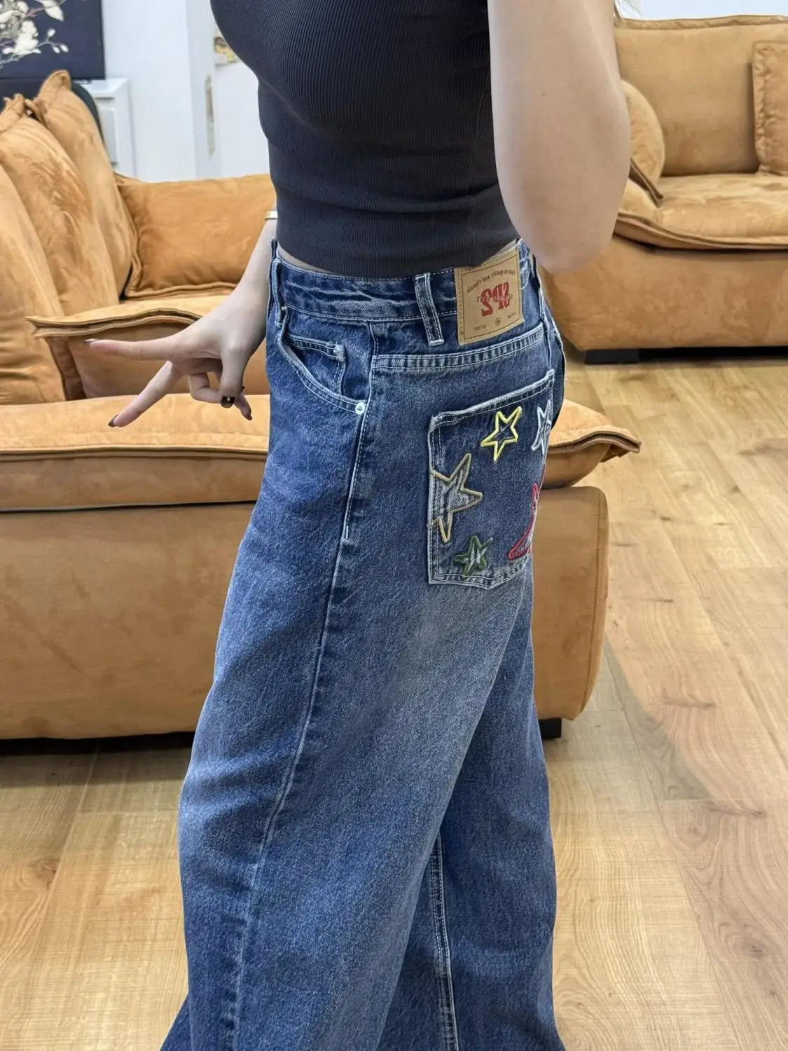 AIERTU  -  American Vintage Star Embroidery Denim Jeans Spice Girls Straight New High Waist Pants Slim Fashion Trendy Hot Sell Wid Leg Pant Aiertu