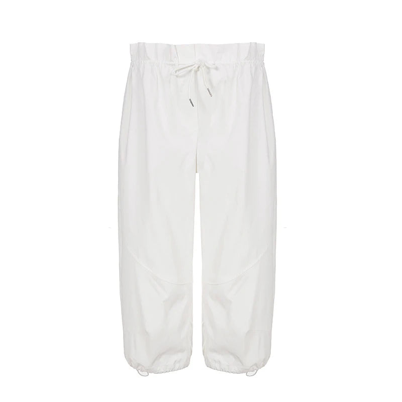 AIERTU  -  Street Style Casual Pure White Drawstring Calf-length Cargo Pants Ruched High Waist Fungus Edge Elastic Fashion Loose Pants Aiertu
