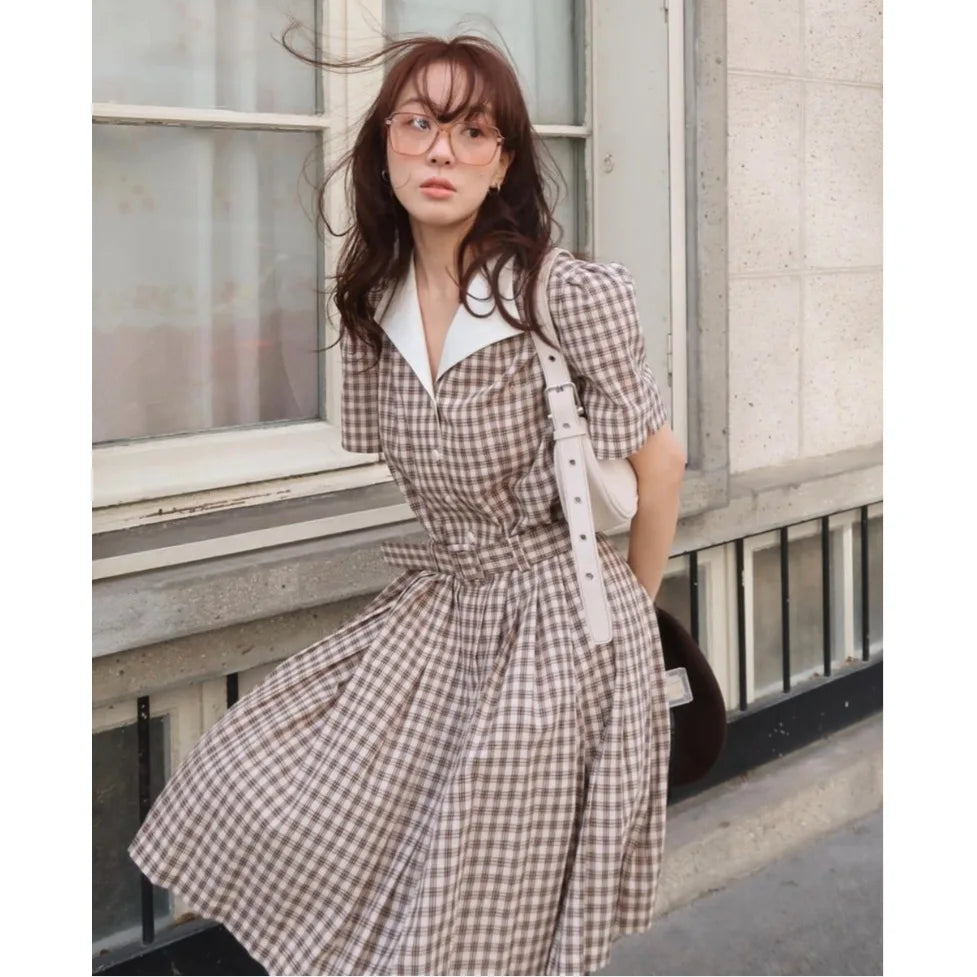 AIERTU  -  Korean Style Summer New Plaid Dress with Belt Loose Feel Sweet Style Women's Dress Short Sleeve Shirt Collar Casual Scene Aiertu