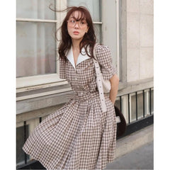 AIERTU  -  Korean Style Summer New Plaid Dress with Belt Loose Feel Sweet Style Women's Dress Short Sleeve Shirt Collar Casual Scene Aiertu