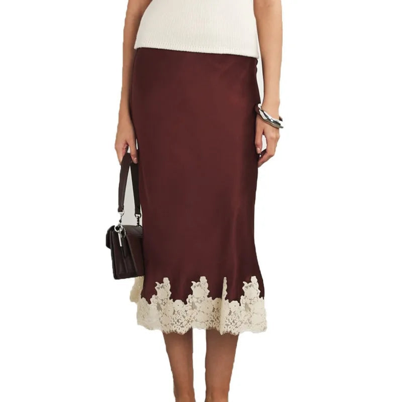 AIERTU  -  New Lace Patchwork Silk Surface Half Skirt Draped Glossy A-line Mid-length Skirt Women Spring Autumn Elegant Demeanor Lace Skirt Aiertu