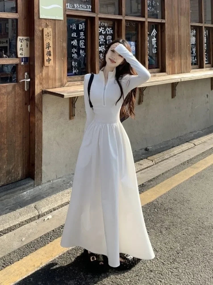 Aiertu 2024 Autumn Korean Style Zip White Dress Women Kpop Wrap Long Sleeve Long Dresses Streetwear Solid Simple Ladies Chic Aiertu