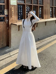 Aiertu 2024 Autumn Korean Style Zip White Dress Women Kpop Wrap Long Sleeve Long Dresses Streetwear Solid Simple Ladies Chic Aiertu