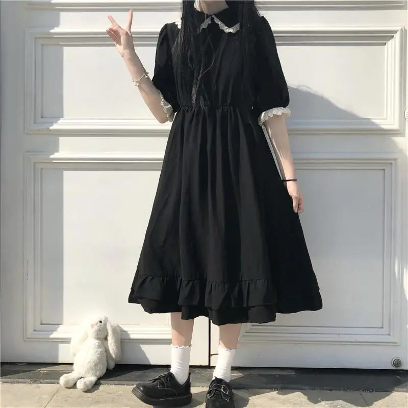 Aiertu 2024 Coquette Black Kawaii Lolita Style Dress Mori Girl Fairy Cute Lolita Peter Pan Collar Puff Sleeve Dress Fashion Women Aiertu