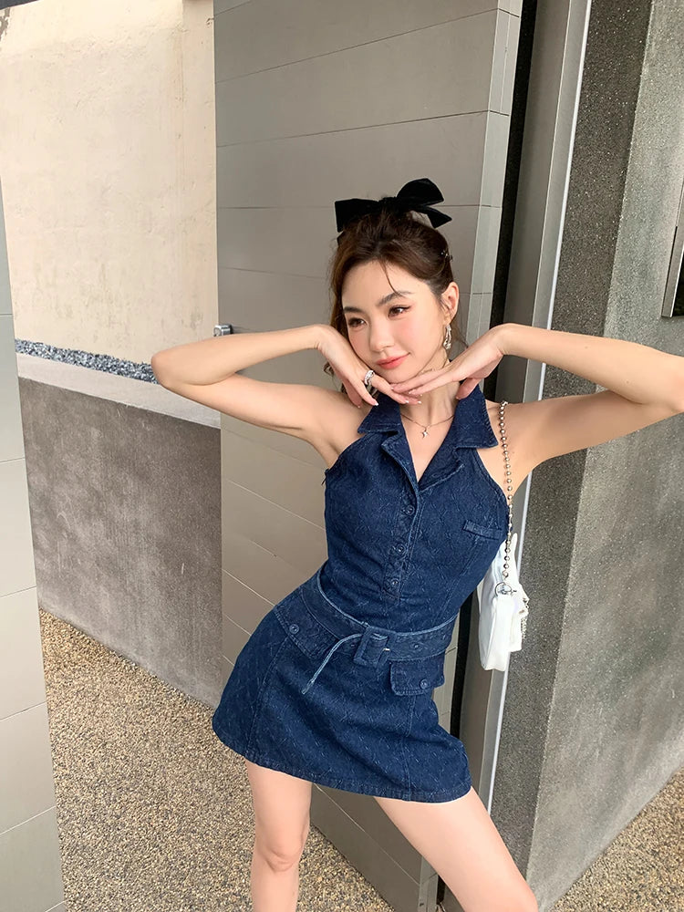 Aiertu Summer Retro Blue Turn-down Collar Off Shoulder Button Denim Mini Dress Women Sleeveless High Waist A-line Jeans Short Dress New Aiertu