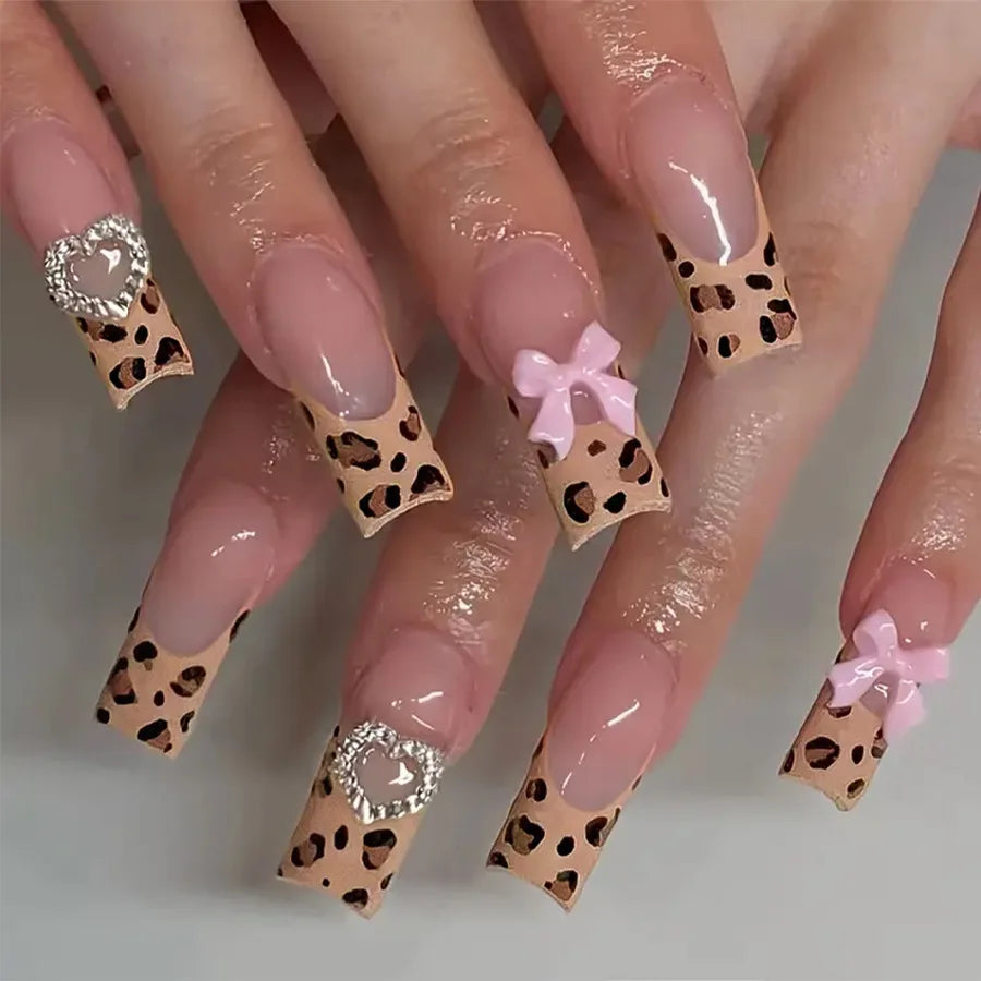 Aiertu 24Pcs Long Ballet False Nails with Bow Designs Pink Coffin Press on Nails Wearable French Fake Nail Full Cover Manicure Tips Aiertu