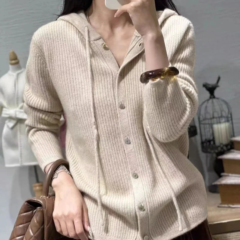 100% Pure Wool Sweater Women's Clothing Knitted Cardigan Autumn Winter New Casual Hooded Cardigan Loose Korean Long Sleeved Top Aiertu