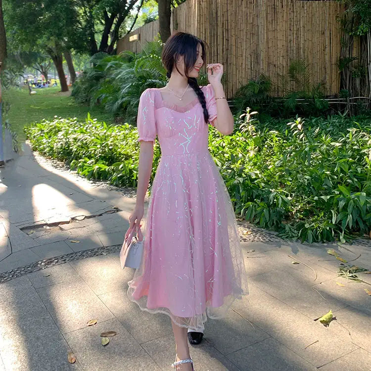 Aiertu Women Sweet Pink Puff Sleeve A-line Mini Dress Female Mesh  Square Collar Holiday Dress Shiny Girl Design Dress Aiertu