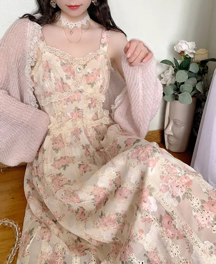 Aiertu Chiffon Lace Strap Dress Women Floral Embroidery Fairy Vintage Long Dress Female Sweet Princess Casual Party Dresses Summer Aiertu