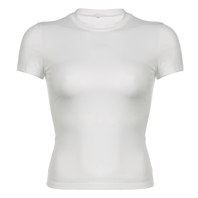 Aiertu Basic Solid Crop Top Short Sleeve Crewneck Skinny T-shirt Summer Casual Tee for Women y2k Vintage Top Harajuku Streetwear Aiertu