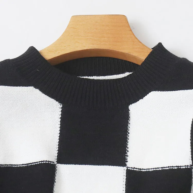 AIERTU  -  Trendy Women Autumn Plaid Knitted Crop Sweater Long Sleeve Pullover Knitwear Short Jumper Aiertu