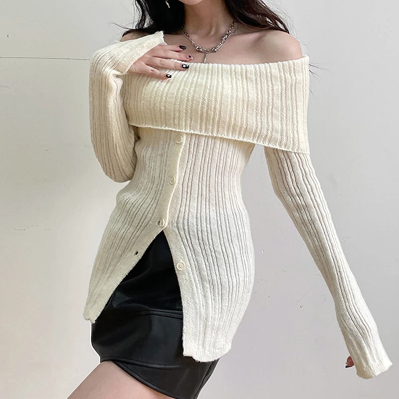 Aiertu Elegant Button Up Split Sweater Full Sleeve Casual Solid Slash Neck Knitted Jumpers for Women Korean Fashion Vintage Y2k Aiertu