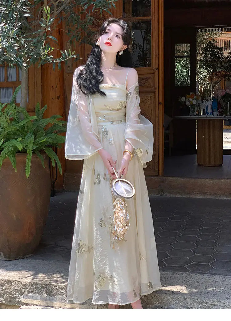 Aiertu Elegant Vintage Floral Slip Dress Women Sequin Embroidery Casual Long Fairy Dress Female 2024 Autumn Fashion Korean Style Dress Aiertu