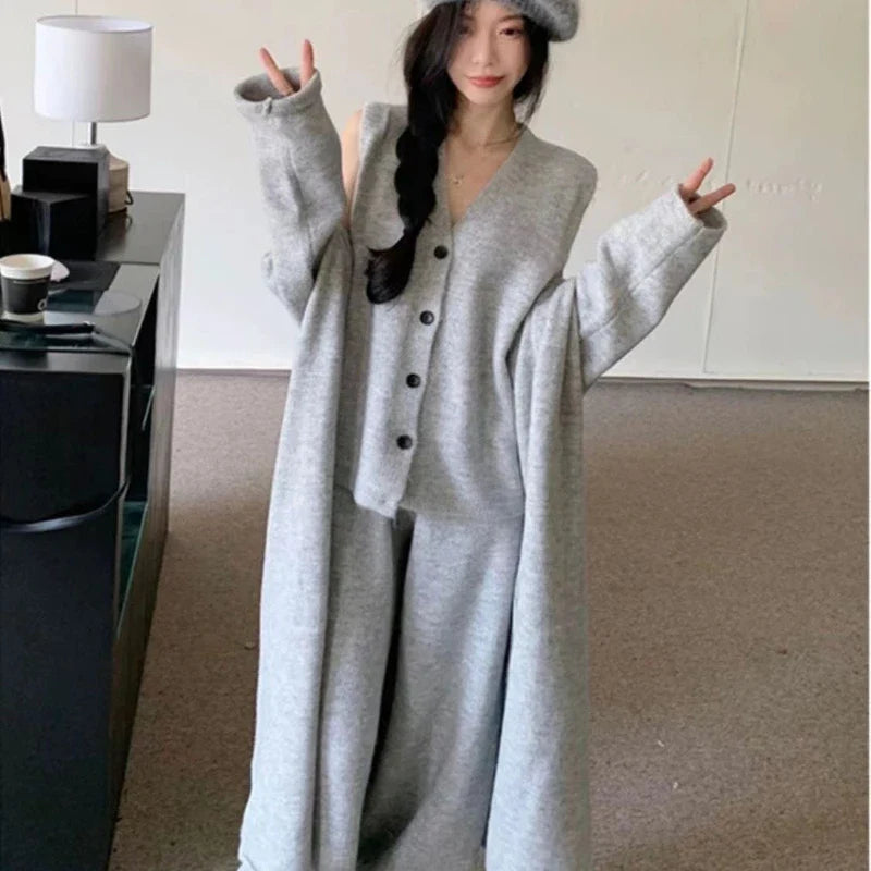 Aiertu Winter French Knitted Suits 3 Piece Set Women Casual Long Cardigan + Vintage Vest + Office Lady Long Pants Korean Fashion Aiertu
