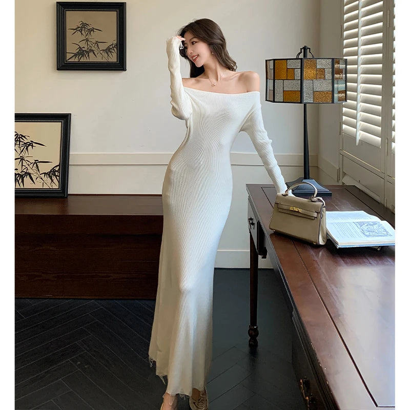 Aiertu DRESS TO IMPRESS Autumn Elegant Sexy Solid Midi Knit Dress Women Long Sleeve Slim Spring New French Vintage Wedding Party Vestidos Robe Mujers Aiertu