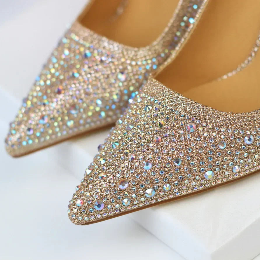 Women 10cm High Heels Stripper Bling Crystal Escarpins Pumps Lady Stiletto Wedding Bridal Fetish Rhinestone Gold Pink Prom Shoes Aiertu