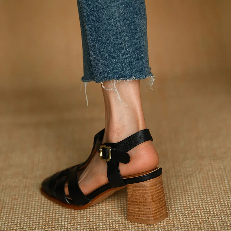 Aiertu Summer Sandals Female Retro Sandals Buckle Strap Womens Pumps Cowhide Ladies Shoes Spring Autumn Gladiator Sandal Roman Style Aiertu