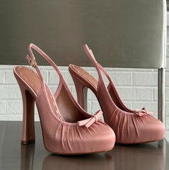 AIERTU  -  Dusty Pink Satin Round-Toe Platform Pumps Ruched Vamp Mini Bow Accent Chunky Heel Retro Style High-Fashion Daily Looks Aiertu
