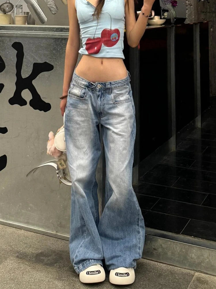 Aiertu Women American Vintage Y2k Japanese Harajuku Streetwear Baggy Low Rise Denim Pants Long Trousers 2000s Aesthetic Jean Kpop Punk Aiertu