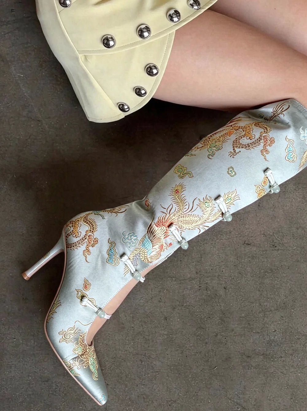 AIERTU  -  Retro Chinese Style Satin Pointed-Toe Knee Boots Brocade Embroidery Stiletto Heels Cutouts Design Unique Footwear Aiertu