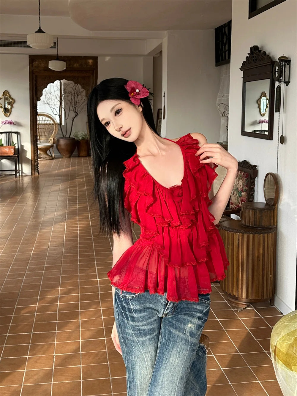 AIERTU  -  Women Camisoles V-neck Retro Ruffle Edge Irregular Pleats Halter Exposed Back Elastic Slim Fit Sexy Temperament Strapless Top Aiertu