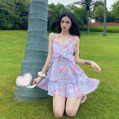 Aiertu Spaghetti Strap Dress Women Ruffles Sexy Japanese Sweet Princess Dress Female Beach Holiday Floral Mini Boho Dress 2024 Summer Aiertu
