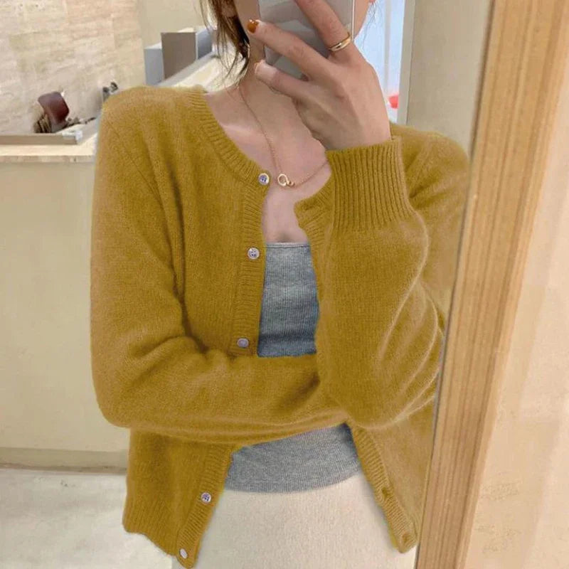 Aiertu Cold Weather Outfits Fall Solid Color Knitted Cardigan Women Korean Single Breasted Long Sleeve Jumper Woman Round Neck All Match Sweater Outwear Top Aiertu