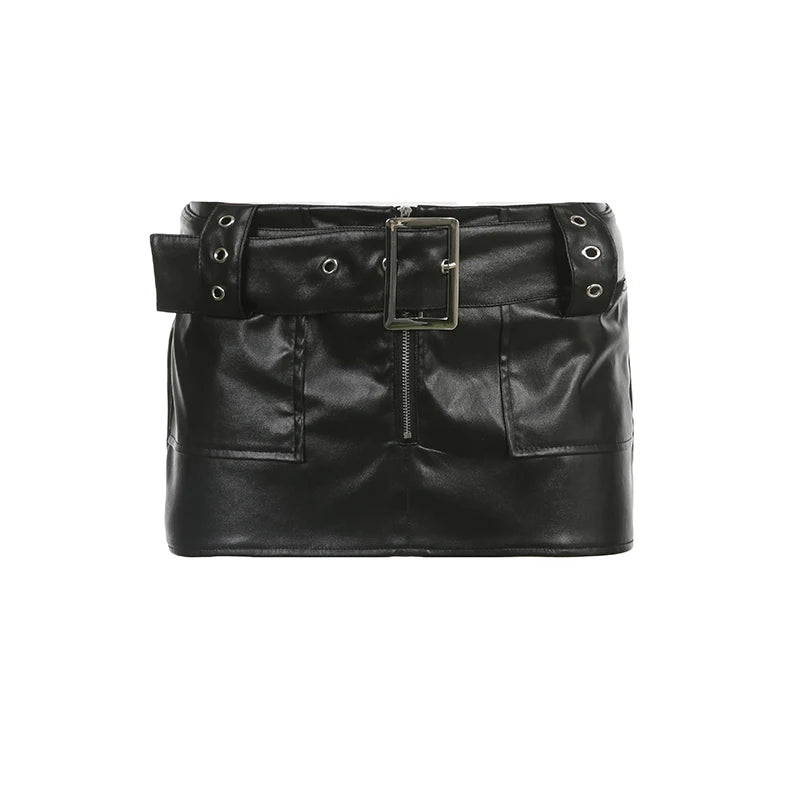 Aiertu Sexy Super Short Leather Skirt Punk Style PU Wide Belt Patchwork Low Rise Mini Skirts for Women Gothic y2k Aesthetic Chic Aiertu
