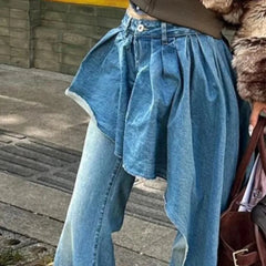 AIERTU  -  Y2k Denim Pants Women Irregular Ruffles Solid Spring Autumn American Retro Pantalones De Mujer Fake Two Pieces Trousers Aiertu
