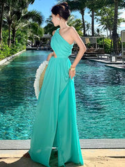 Aiertu Summer Blue Elegant Holiday Sexy Club Hollow Out Pleated Long Dress Women Diagonal Shoulder High Split Evening Party Dress 2024 Aiertu