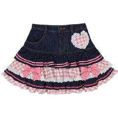 Aiertu Preppy Style Lolita Kawaii Skirts Japanese Sweet Mini Women Harajuku Cute Ball Gown Denim Skater Y2K High Waist Lace Cake Skirts Aiertu
