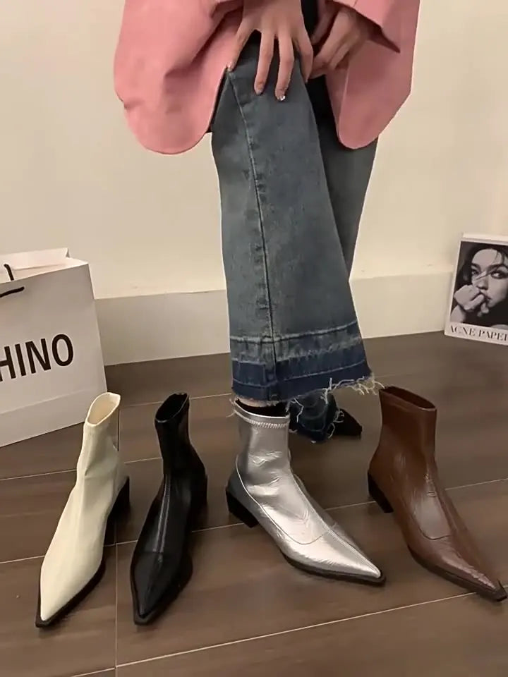 Boots Women New Shoes Luxury Designer silver  Ankle Fashion Pointy Med Ladies Rubber Autumn Rome Hoof Heels Flock Solid Sli Aiertu