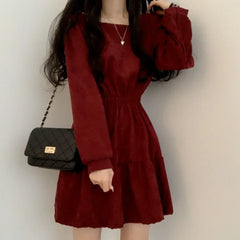 Aiertu  Vintage Mini Dress Women Sweet Retro Wrap Square Collar Long Sleeve Short Dresses Solid 3 Colors Preppy Style Clothes Aiertu