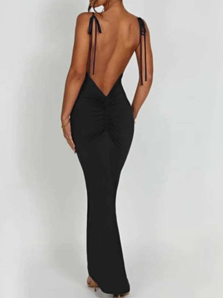 Aiertu Elegant Deep Open Back Backless Slim Maxi Dress Women Spaghetti Strap Sleeveless Bodycon Long Dress Sexy Club Party Vestidos Aiertu