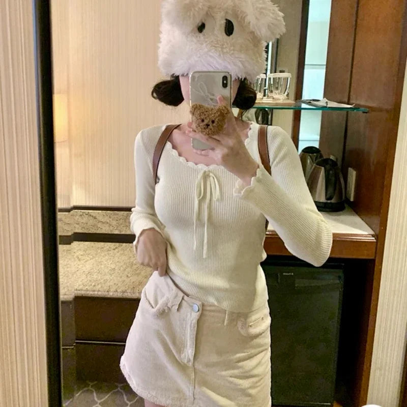 Aiertu Kawaii Bow T-shirts Women Coquette Lace Sexy Korean Fashion Sweet Long Sleeve Cutecore Slim Up Solid Aesthetics Tops Aiertu
