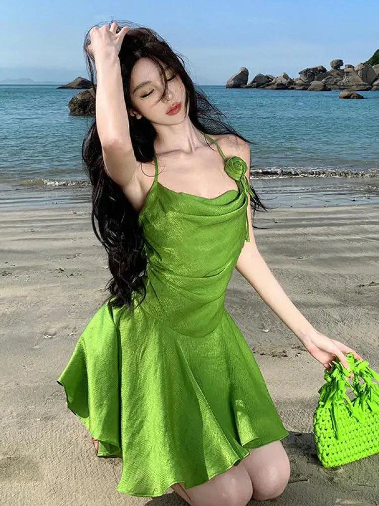 Aiertu Summer Green Sleeveless Slip Sexy Club Vacation Elegant Pleated Mini Dress 2024 New Fashion Evening Party Dress Women Streetwear Aiertu