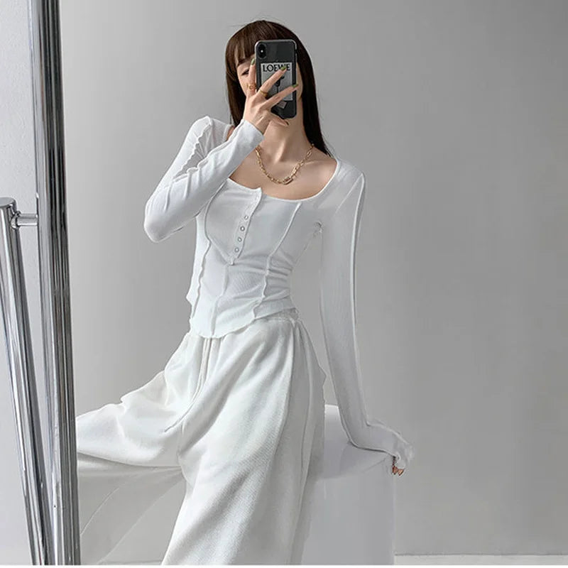 Aiertu T-shirts Women Skinny Inside Korean Fashion Spring Sexy Ladies Daily Long Sleeve Minimalist Solid Simple Chic Cozy Crops Design aiertu