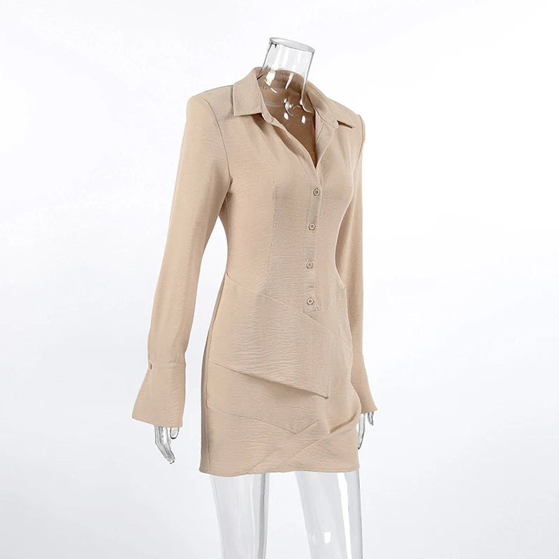 AIERTU  -  Commuting Office Lady Single-breasted Long Sleeved Lapel Pleated Irregular Mini Dress Temperament Fall Party Club Outfits Aiertu