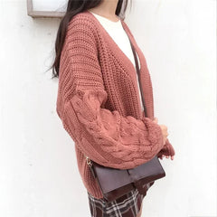 Oversized Knit Sweater Brown  Autumn Winter New Women Korean Fashion Sweet Long Sleeve Twisted Knitted Coat Sweater Cardigan Aiertu