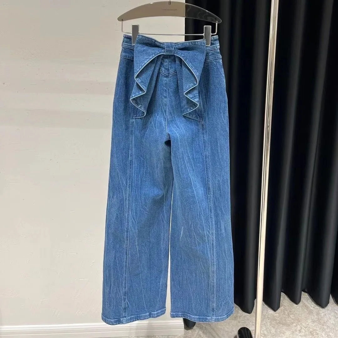 Aiertu Sweet Style Street Blue American Retro Back Bow High Waisted Jeans for Women Spring New Niche Wide Leg Straight Leg Y2k Pants Aiertu