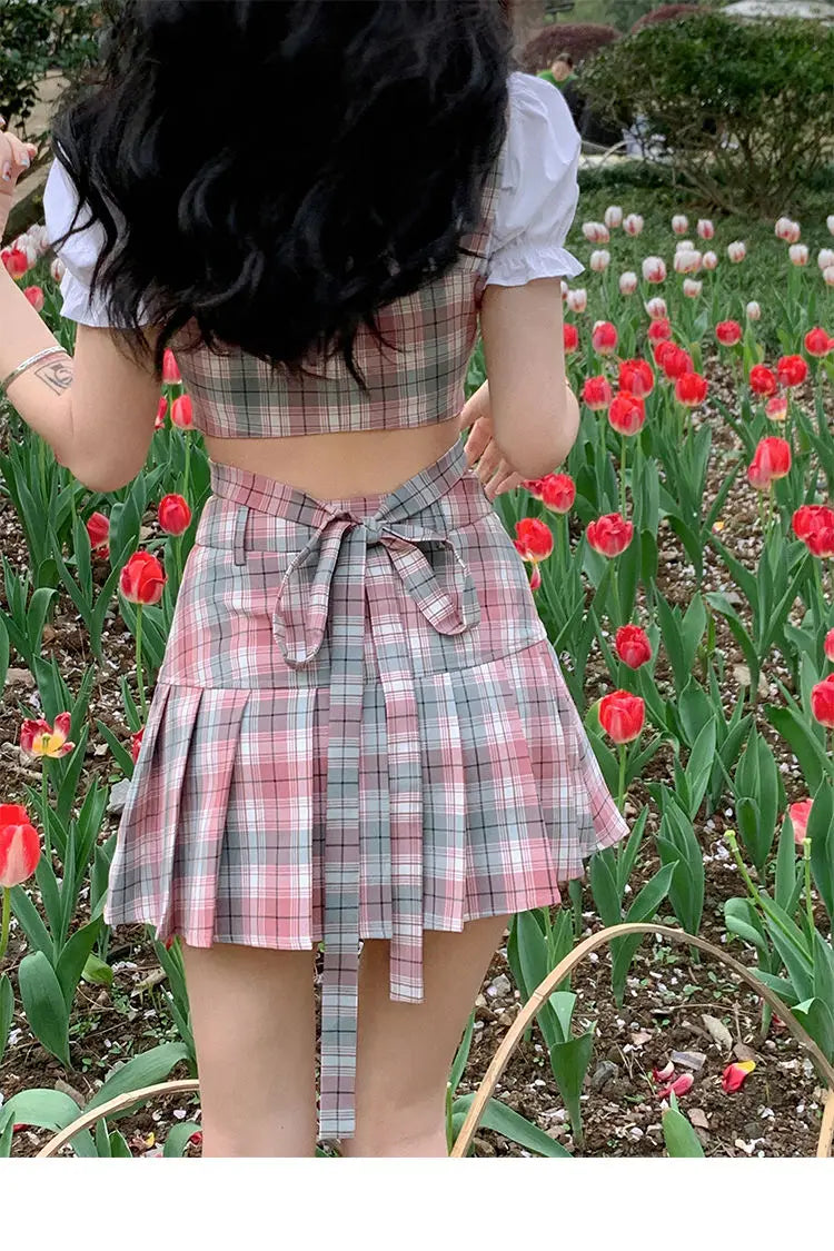 Aiertu Summer Sexy Two Piece Skirt Set Women Patchwork Plaid Korean Fashion Skirt Suit Female Casual Japanese Party Mini Skirt Set 2024 Aiertu